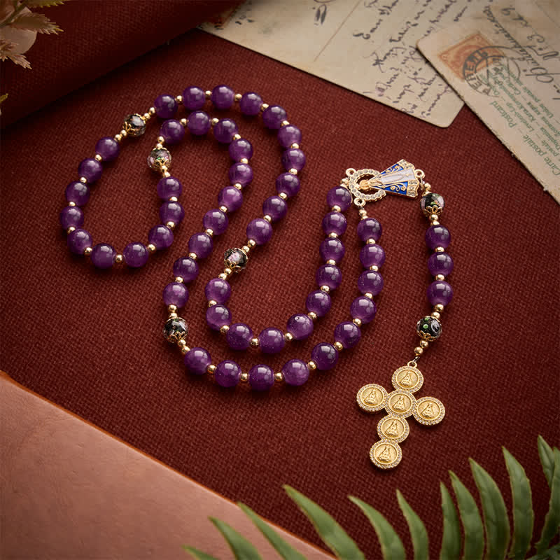 Rich Violet Glass Prayer Rosary with Floral Accent Beads & Our Lady of Aparecida Charm