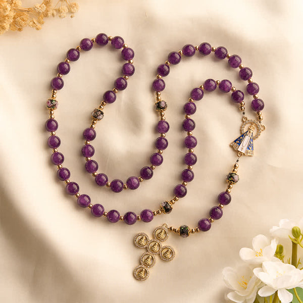 Rich Violet Glass Prayer Rosary with Floral Accent Beads & Our Lady of Aparecida Charm
