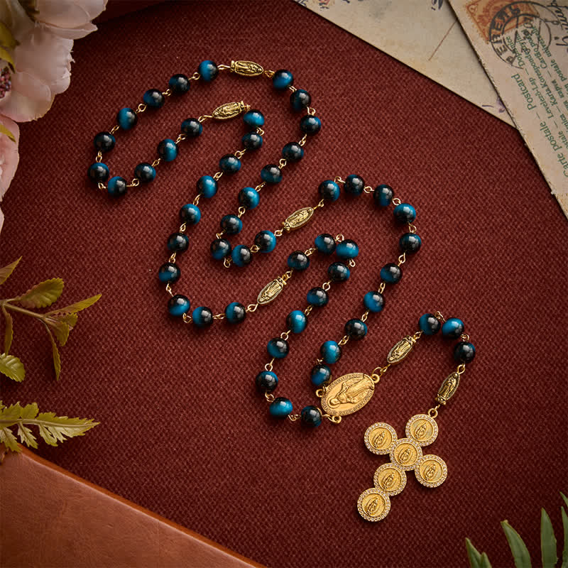 Deep Blue Tiger Eye Prayer Rosary with Our Lady of Guadalupe Medallions