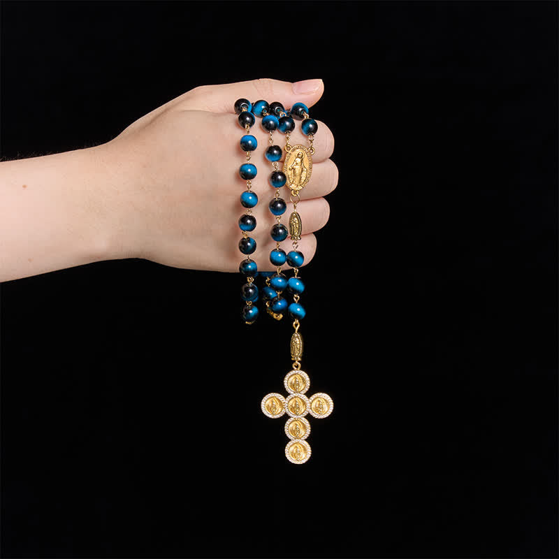 Deep Blue Tiger Eye Prayer Rosary with Our Lady of Guadalupe Medallions
