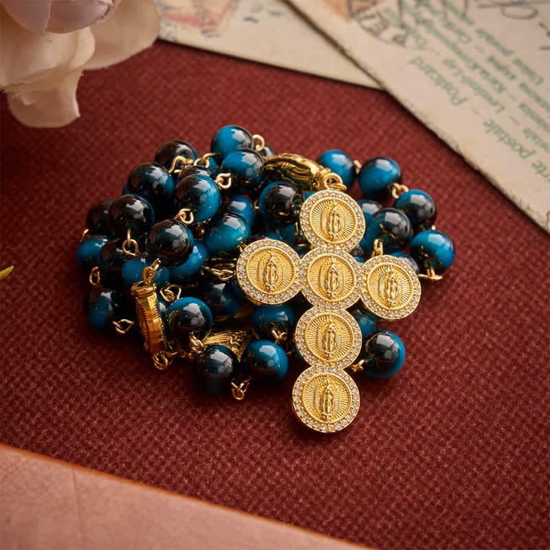 Deep Blue Tiger Eye Prayer Rosary with Our Lady of Guadalupe Medallions