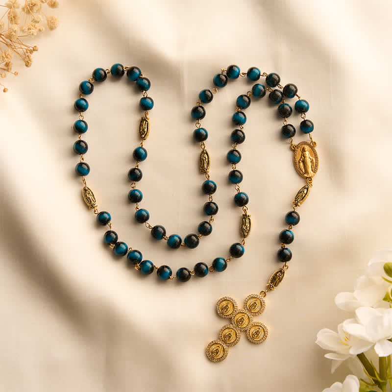 Deep Blue Tiger Eye Prayer Rosary with Our Lady of Guadalupe Medallions