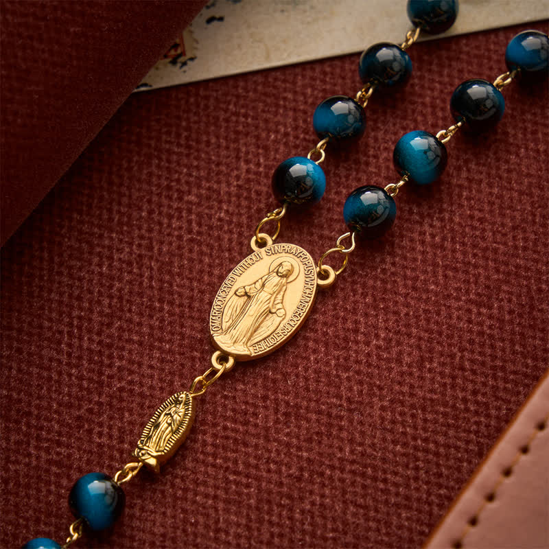 Deep Blue Tiger Eye Prayer Rosary with Our Lady of Guadalupe Medallions