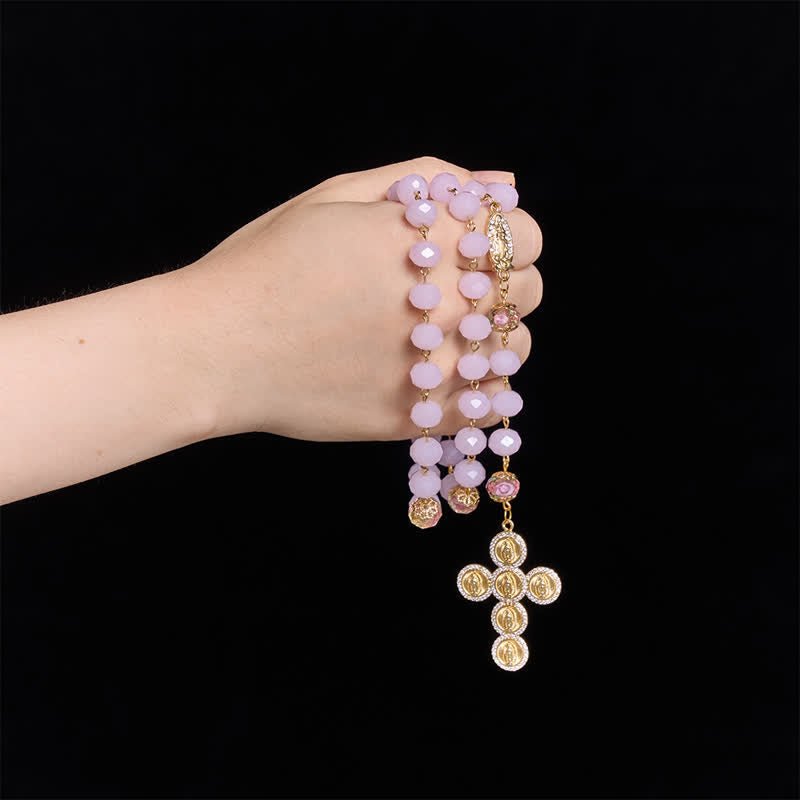 Pale Pink Faceted Jade Glass Rosary With Personalized Letter Beads & Floral Accents
