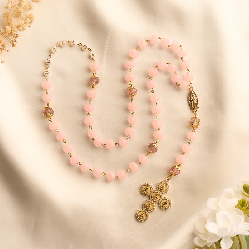 Pale Pink Faceted Jade Glass Rosary With Personalized Letter Beads & Floral Accents