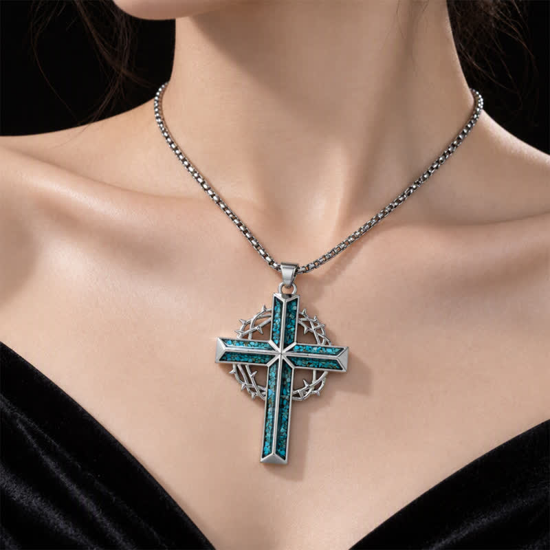 Textured Chip Stone Thorn Wreath Cross Necklace: Mark of Unwavering Hope