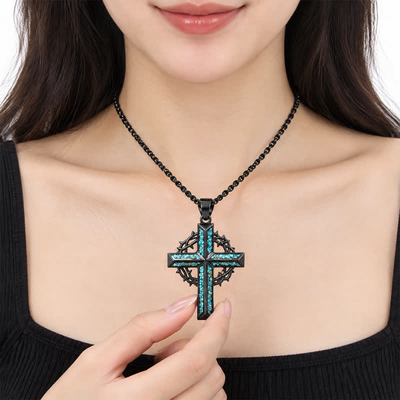 Textured Chip Stone Thorn Wreath Cross Necklace: Mark of Unwavering Hope