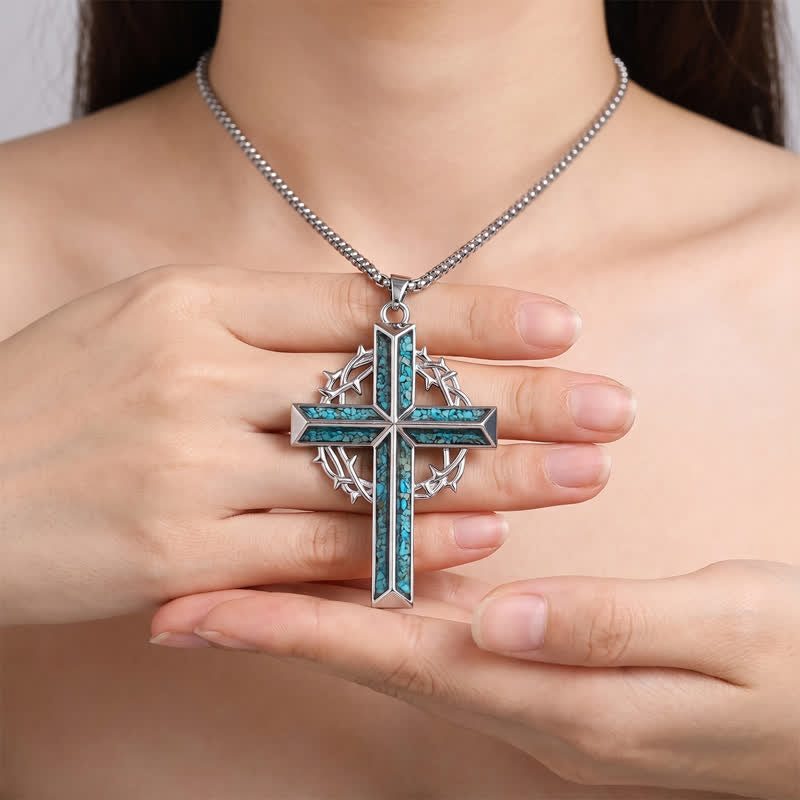 Textured Chip Stone Thorn Wreath Cross Necklace: Mark of Unwavering Hope