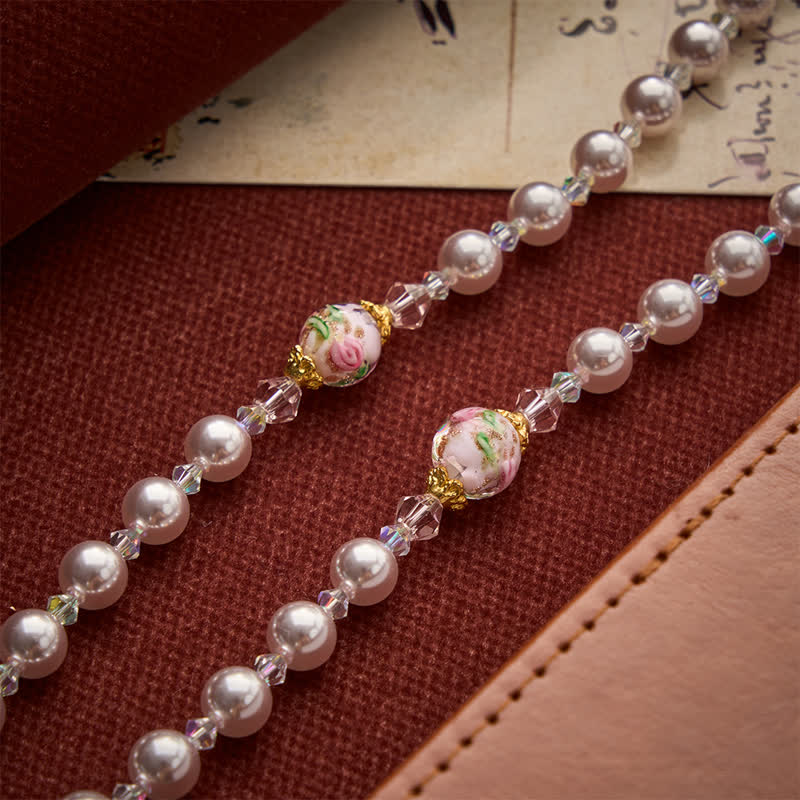 Pale Lavender Pearl Rosary With Floral Glass Beads & Rose Cross: Emblem of Gentle Marian Grace