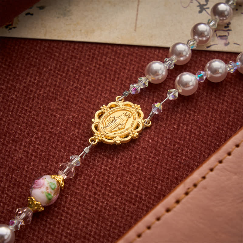 Pale Lavender Pearl Rosary With Floral Glass Beads & Rose Cross: Emblem of Gentle Marian Grace