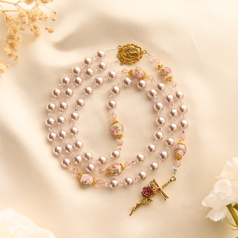 Pale Lavender Pearl Rosary With Floral Glass Beads & Rose Cross: Emblem of Gentle Marian Grace