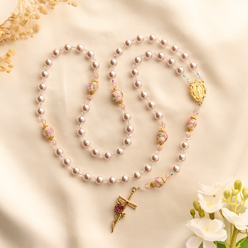 Pale Lavender Pearl Rosary With Floral Glass Beads & Rose Cross: Emblem of Gentle Marian Grace
