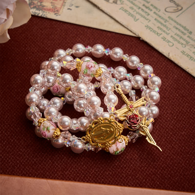 Pale Lavender Pearl Rosary With Floral Glass Beads & Rose Cross: Emblem of Gentle Marian Grace
