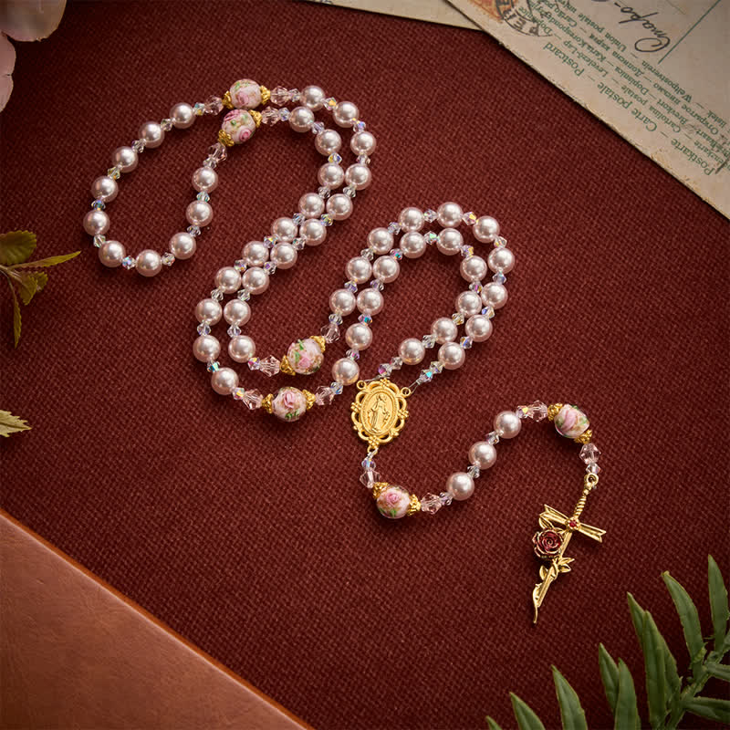 Pale Lavender Pearl Rosary With Floral Glass Beads & Rose Cross: Emblem of Gentle Marian Grace