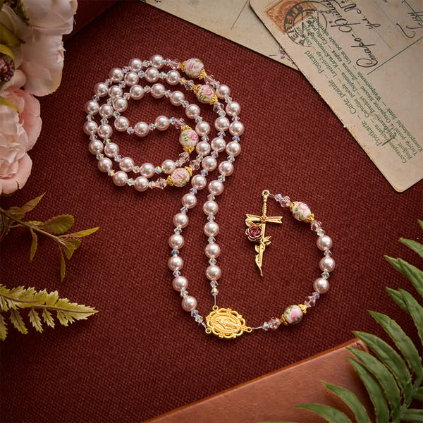 Pale Lavender Pearl Rosary With Floral Glass Beads & Rose Cross: Emblem of Gentle Marian Grace