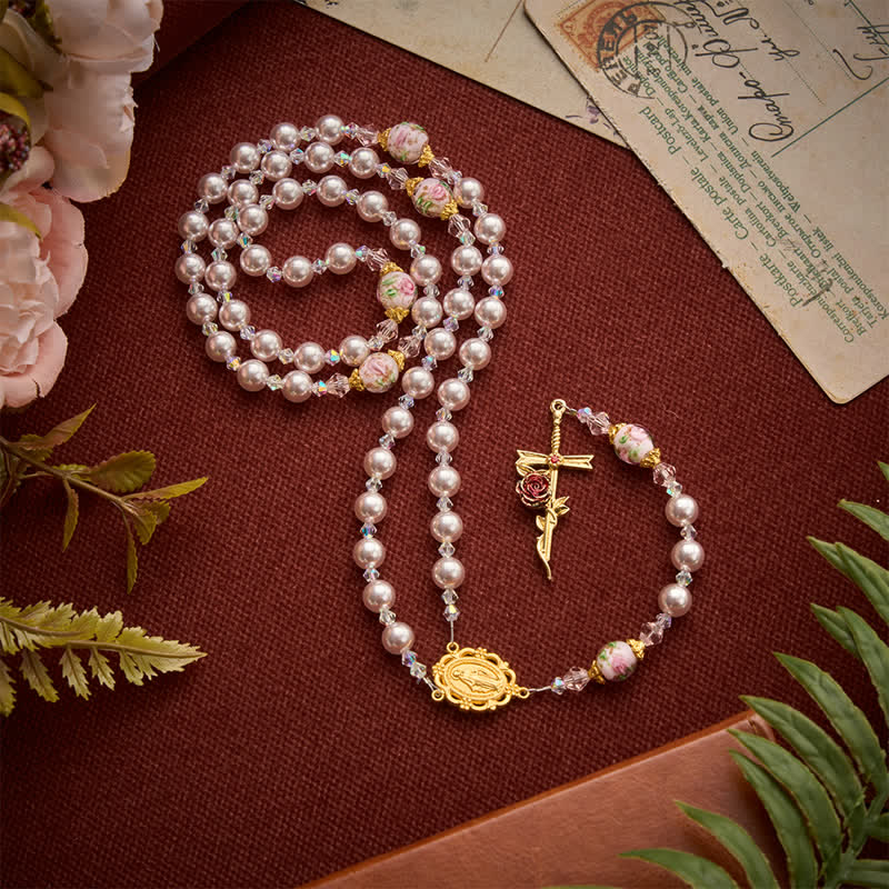 Pale Lavender Pearl Rosary With Floral Glass Beads & Rose Cross: Emblem of Gentle Marian Grace