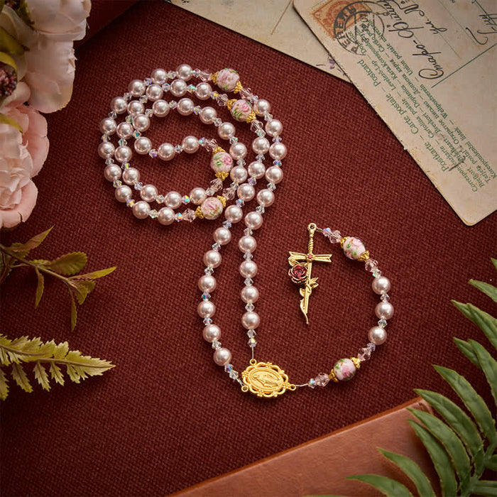 Pale Lavender Pearl Rosary With Floral Glass Beads & Rose Cross: Emblem of Gentle Marian Grace