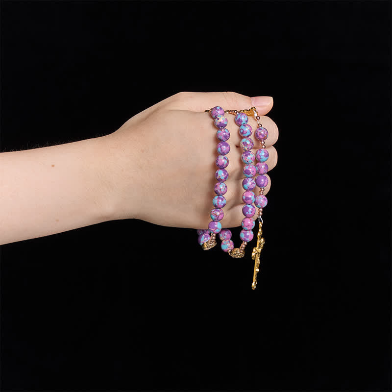 Purple Turquoise Mosaic Bead Rosary With Enamel Marian Medal: Emblem of Timeless Heavenly Mercy