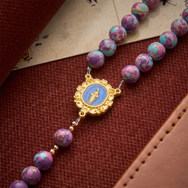 Purple Turquoise Mosaic Bead Rosary With Enamel Marian Medal: Emblem of Timeless Heavenly Mercy