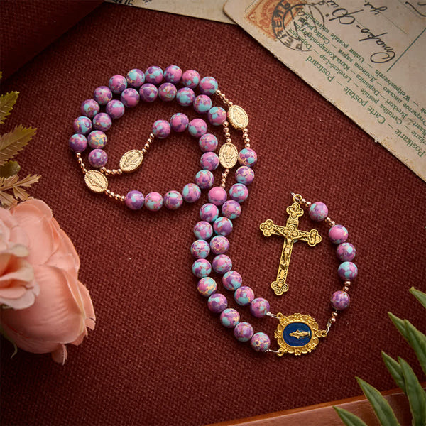Purple Turquoise Mosaic Bead Rosary With Enamel Marian Medal: Emblem of Timeless Heavenly Mercy
