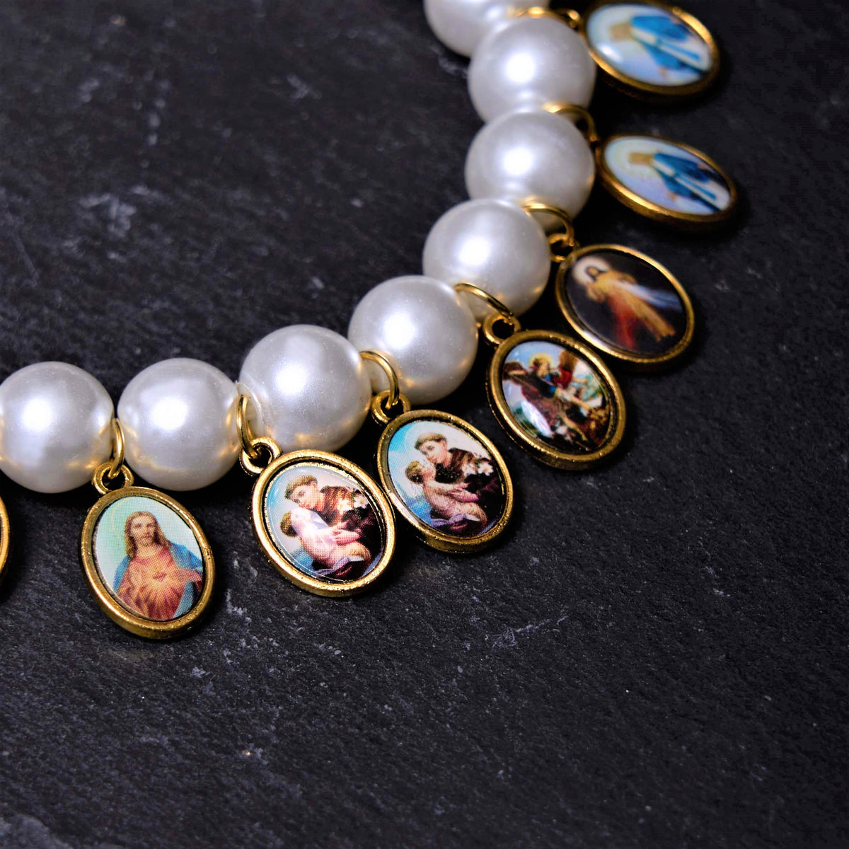 Retro Style Saint Jesus Mary Medals Cross Pearl Bracelet