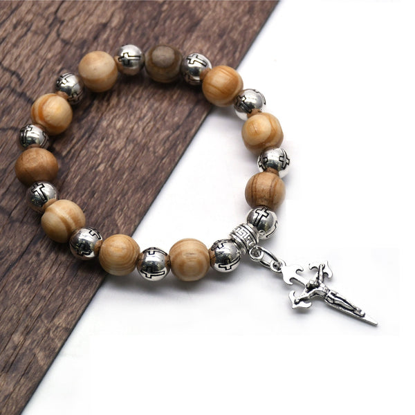Crucifix Charm Pine Wood Rosary Beads
