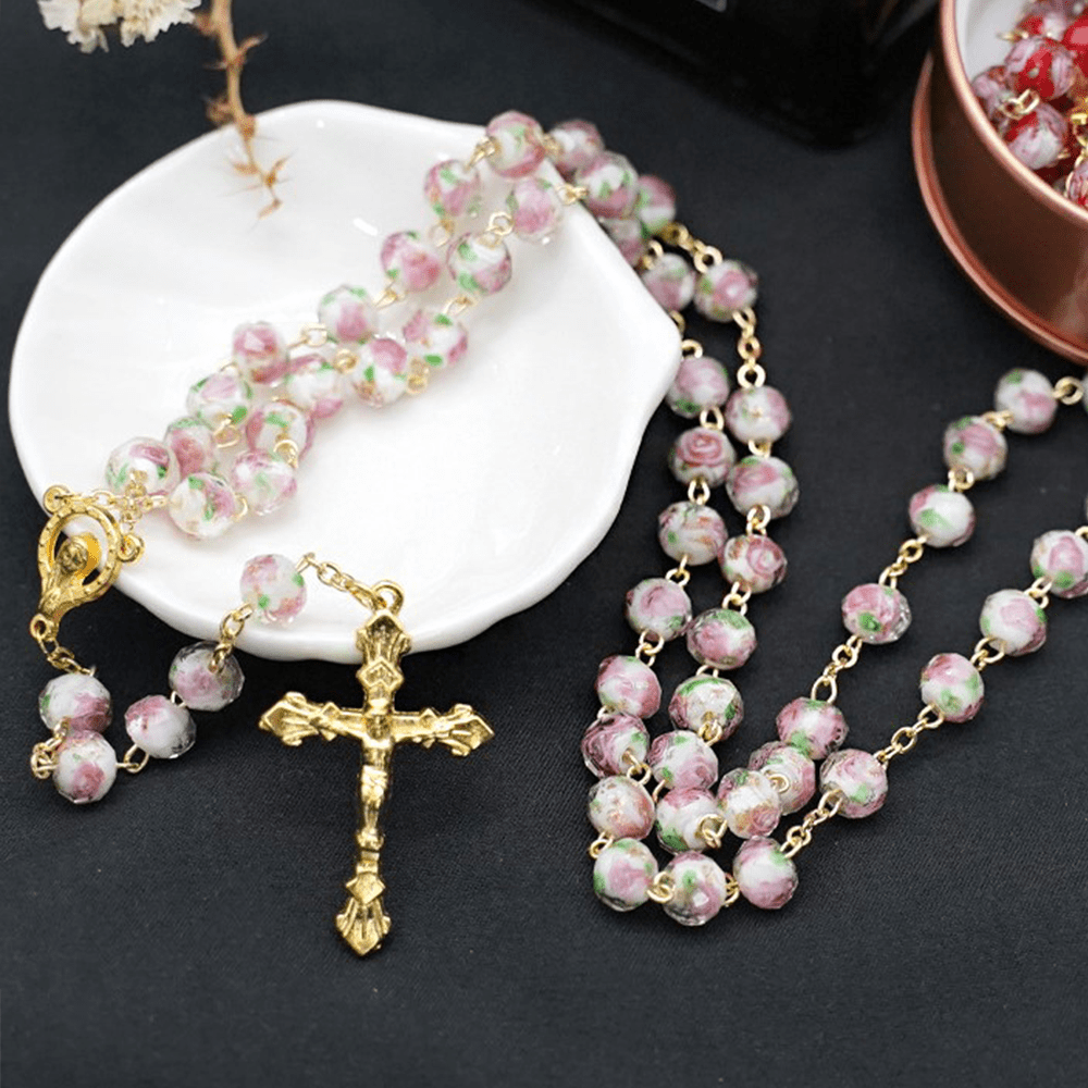 Flower Rose Glazed Beads Rosary with Mary & Crucifix