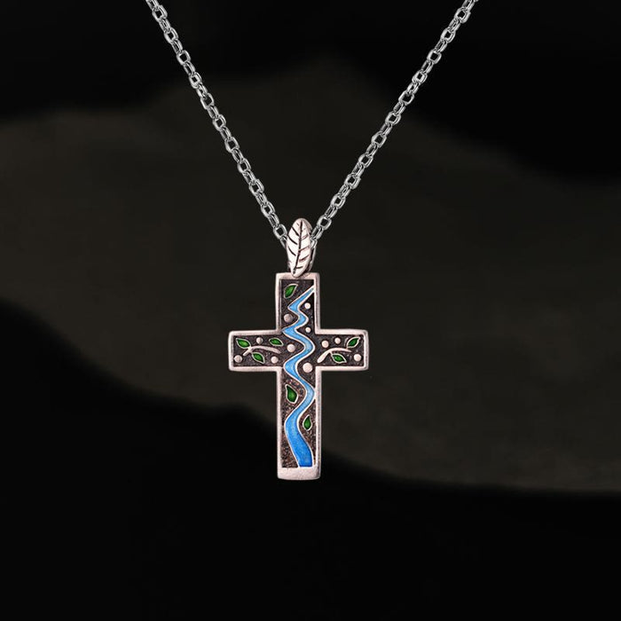 Fresh Style Creekside Tree Enamel Cross Necklace