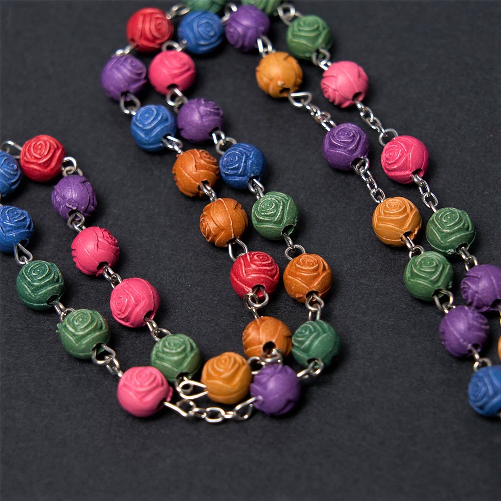 Our Lady of Guadalupe & Crucifix of 8 mm Rose Multicolor Resin Alloy Chain Rosary