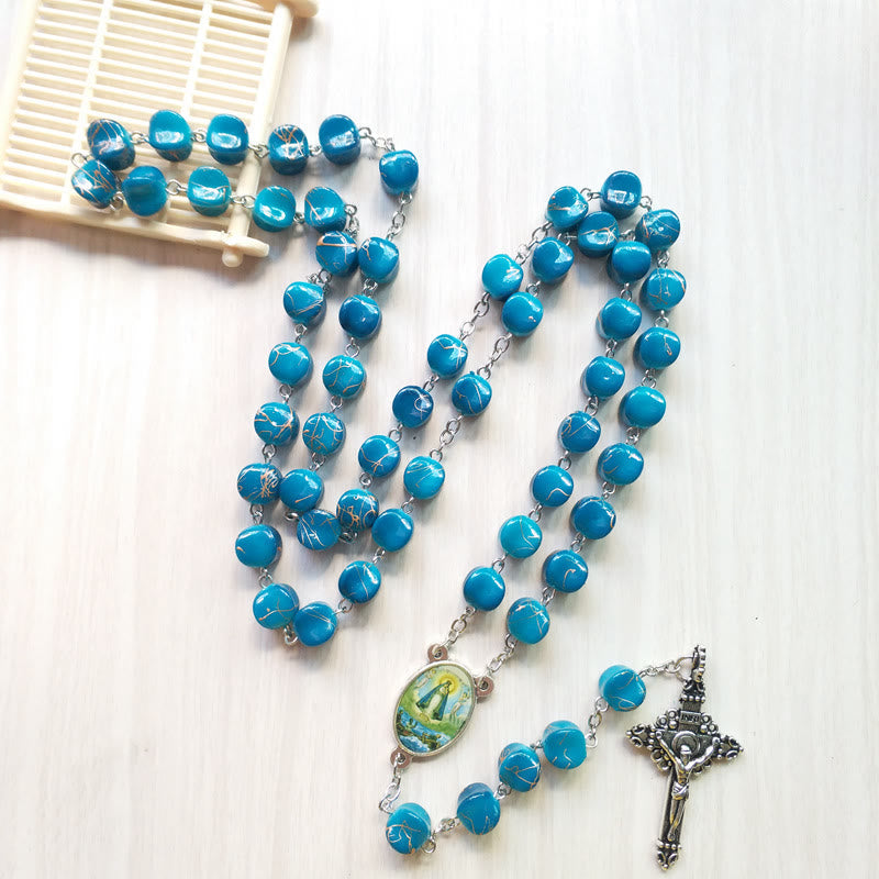 Our Lady of Guadalupe & Crucifix of 10 mm Polyhedron Peacock Blue Acrylic Alloy Chain Rosary