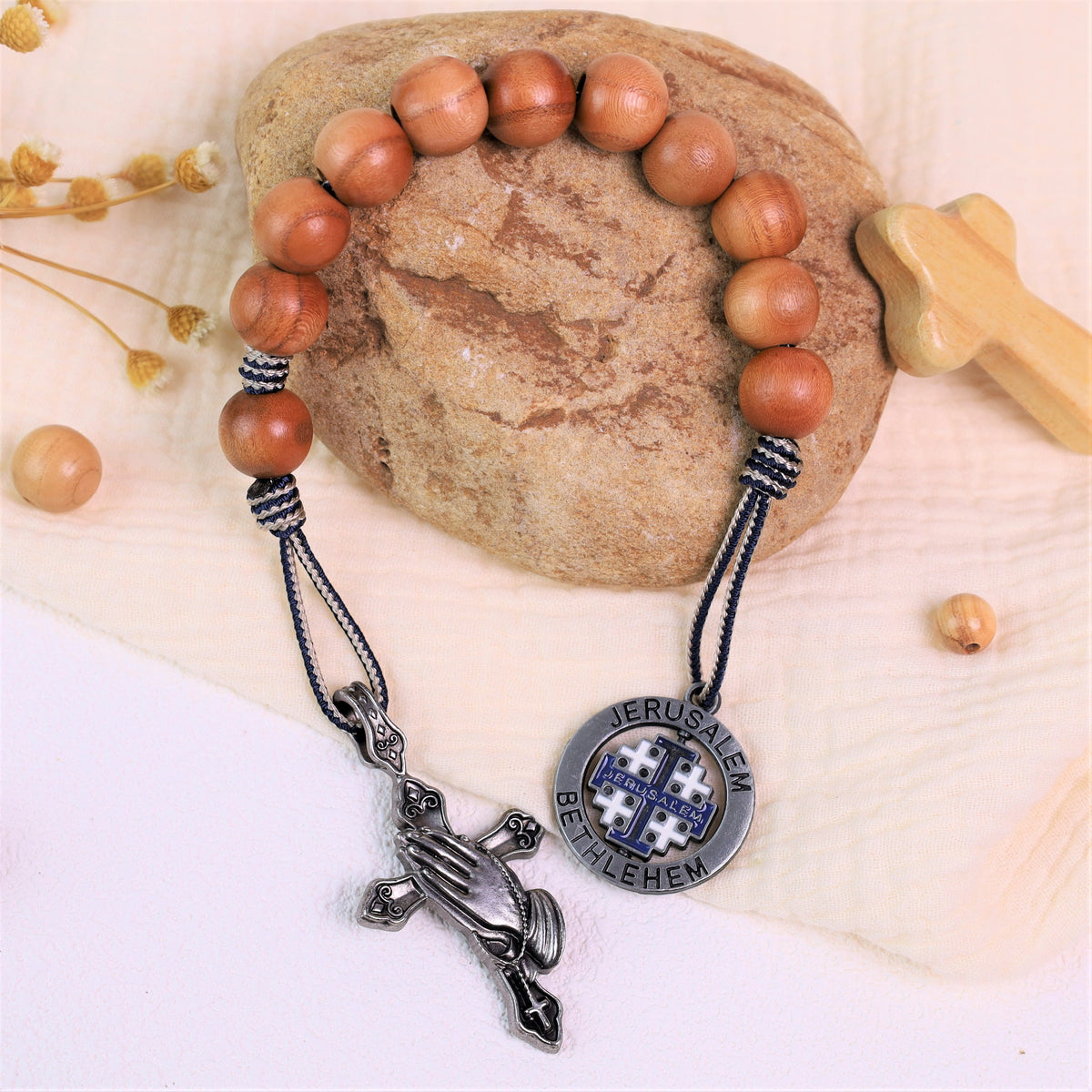 Praying Hands & Jerusalem Medal: Olive Wood Bless Pocket Rosary