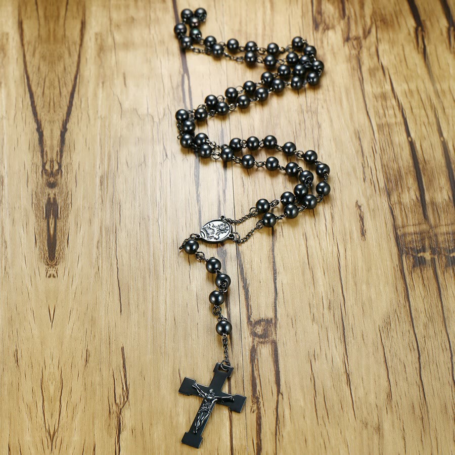 Our Lady of Grace & Crucifix of 8 mm Round Black Steel Ball Alloy Chain Rosary