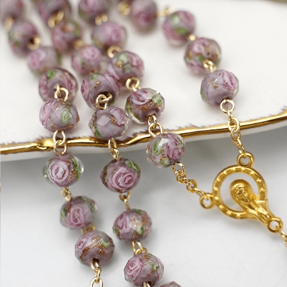 Flower Rose Glazed Beads Rosary with Mary & Crucifix