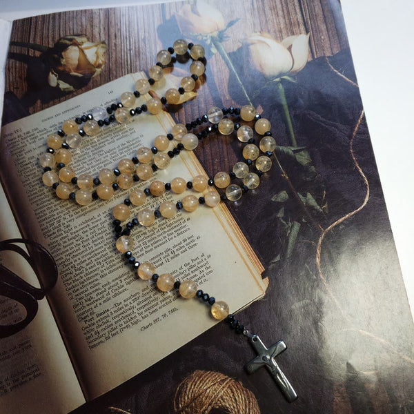 Crucifix 8 mm Round Gold Gem Nylon Cord Rosary