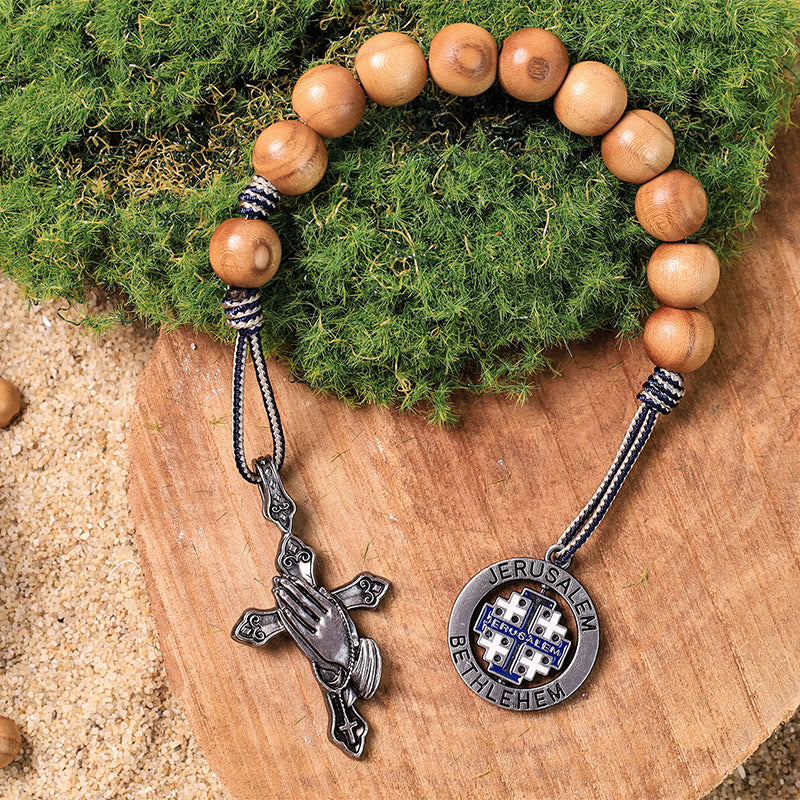 Praying Hands & Jerusalem Medal: Olive Wood Bless Pocket Rosary