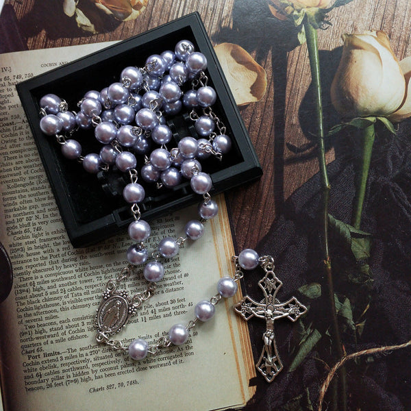 Purple Pearl Rosary Christian Necklace
