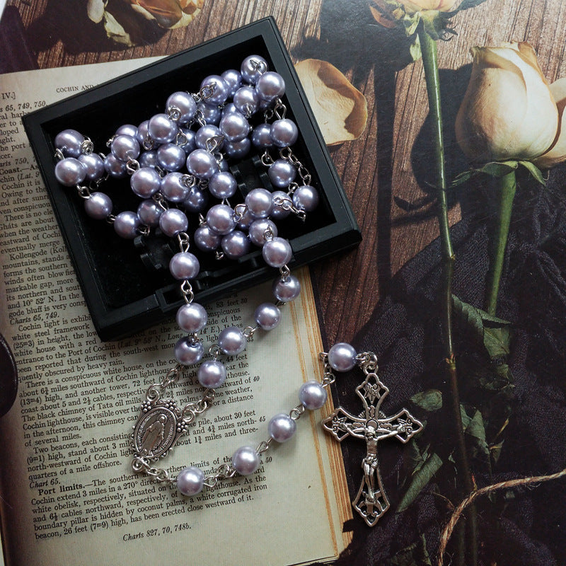 Purple Pearl Rosary Christian Necklace