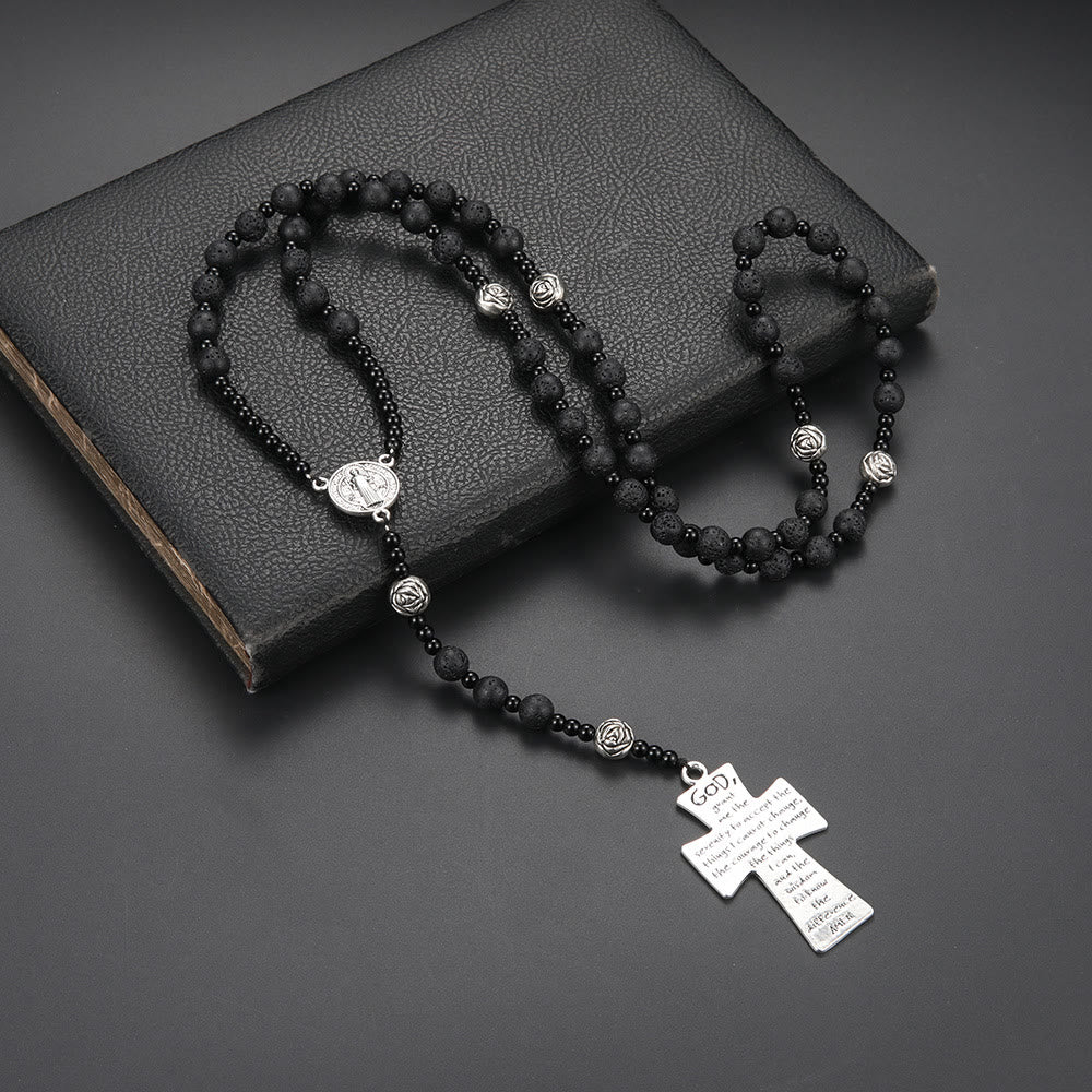 St. Benedict Medal & Cross of 8 mm Round Black Volcanic Stone Nylon Cord Rosary