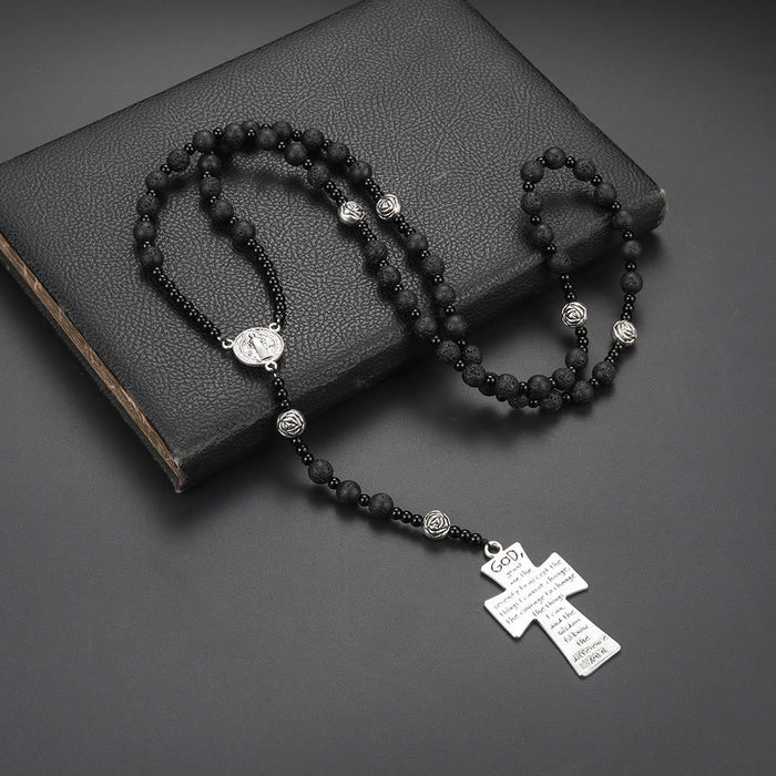 St. Benedict Medal & Cross of 8 mm Round Black Volcanic Stone Nylon Cord Rosary
