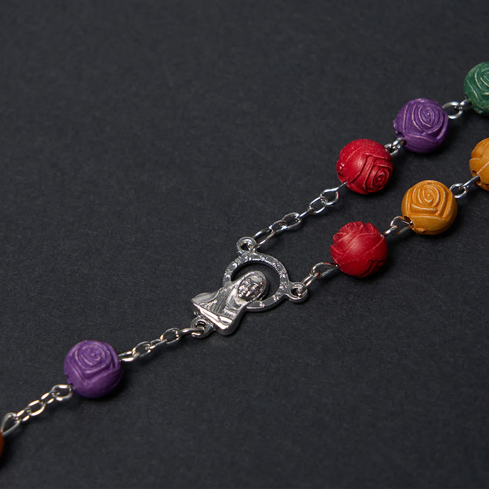 Our Lady of Guadalupe & Crucifix of 8 mm Rose Multicolor Resin Alloy Chain Rosary