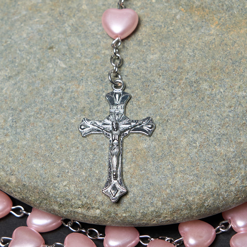 Our Lady of Fátima & Crucifix of 10 mm Heart Pink Acrylic Alloy Chain Rosary