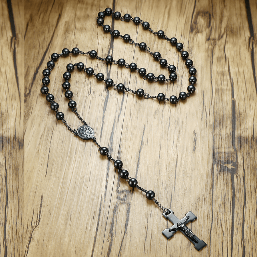 Our Lady of Grace & Crucifix of 8 mm Round Black Steel Ball Alloy Chain Rosary