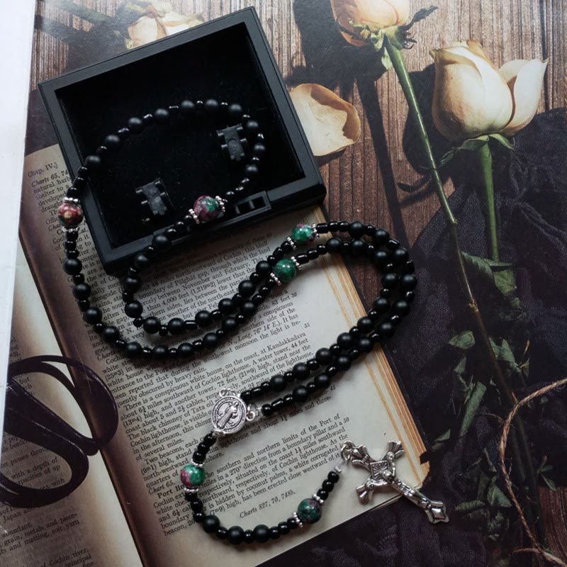St. Benedict Medal & Crucifix of 8 mm Round Black Multi-material Nylon Cord Rosary