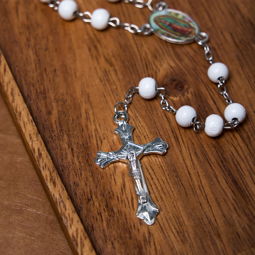 Our Lady of Guadalupe & Crucifix of 6 mm Round Multicolor Wood Alloy Chain Rosary