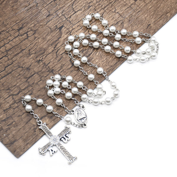 San Juan del Valle Medal & Cross of 6 mm Round White Glass Alloy Chain Rosary