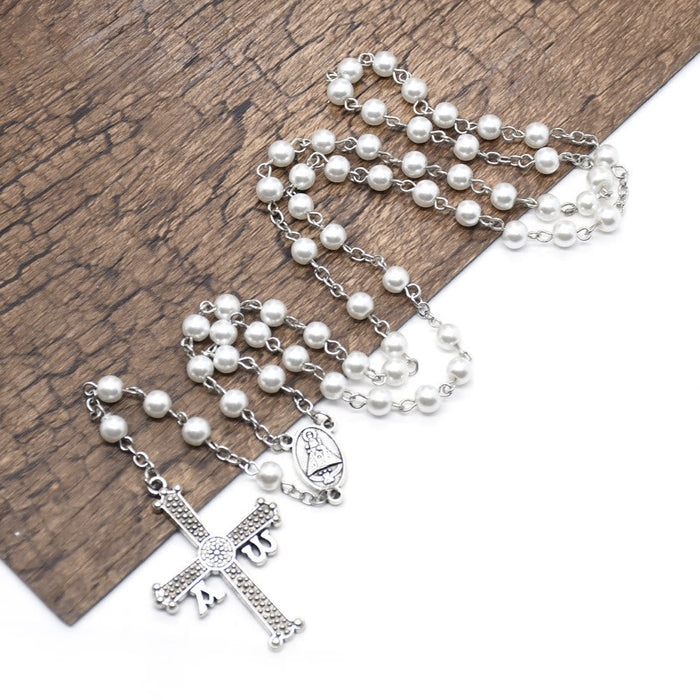 San Juan del Valle Medal & Cross of 6 mm Round White Glass Alloy Chain Rosary