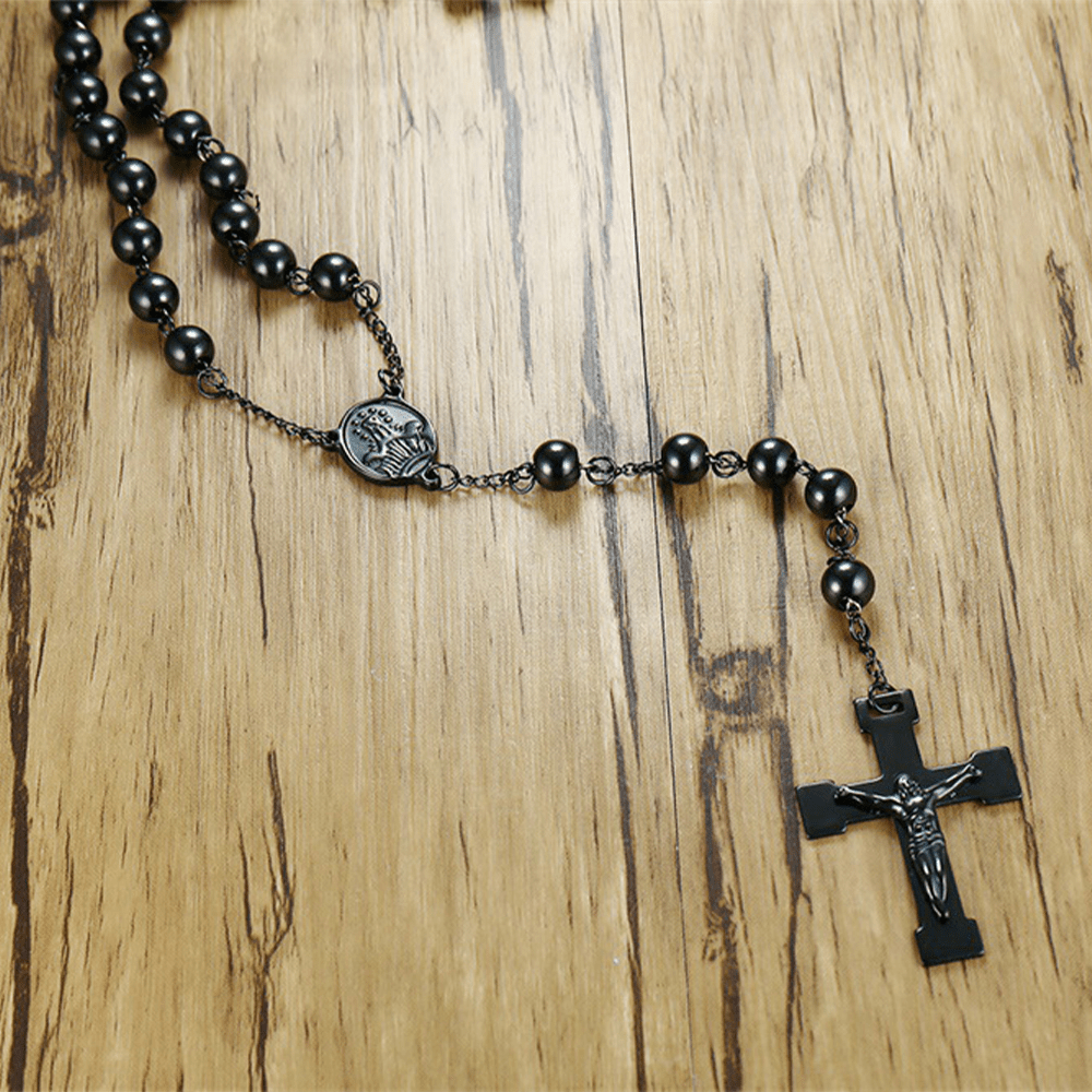 Our Lady of Grace & Crucifix of 8 mm Round Black Steel Ball Alloy Chain Rosary