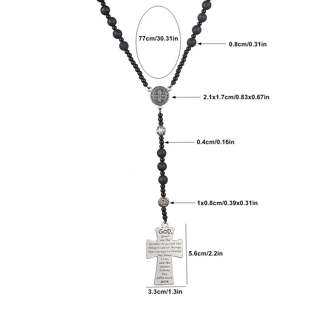 St. Benedict Medal & Cross of 8 mm Round Black Volcanic Stone Nylon Cord Rosary