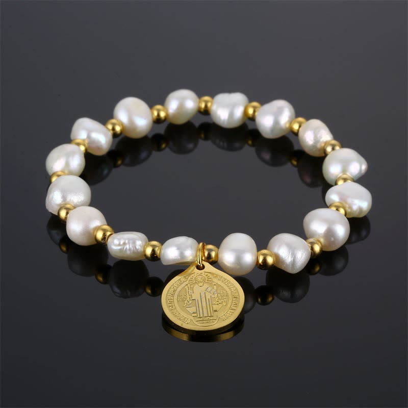 Saint Benedict Medal Irregular Pearl Bracelet