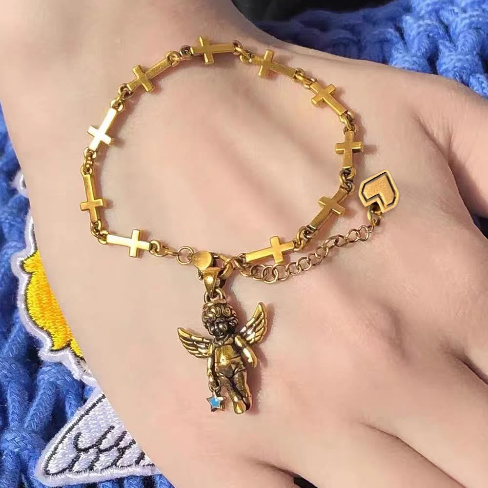 Retro Style Bronze Lucky Star Angel & Heart Cross Bracelet